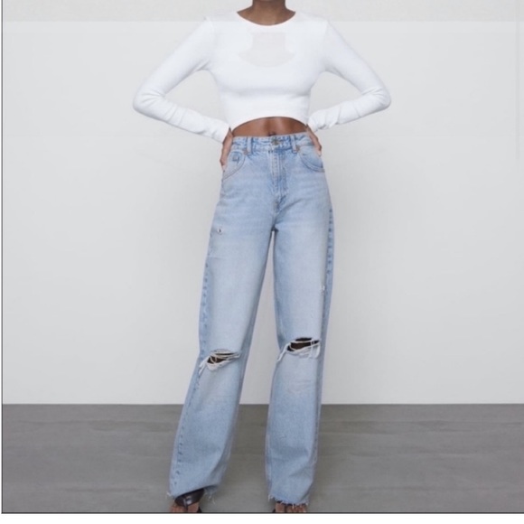 Zara Jeans Zara Light Wash Wide Leg Full Length Ripped Jeans Mid